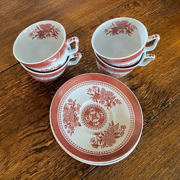 Vintage Spode Fitzhugh Pattern, Red, White, Floral, Set of 4 Teacups & Saucers - Picture 10 of 11